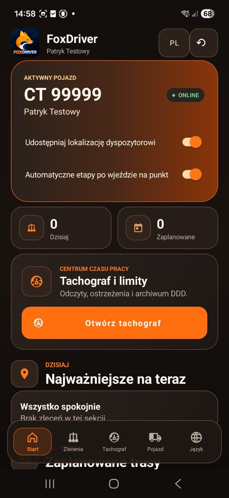 Aktualny ekran startowy aplikacji FoxDriver 1.8