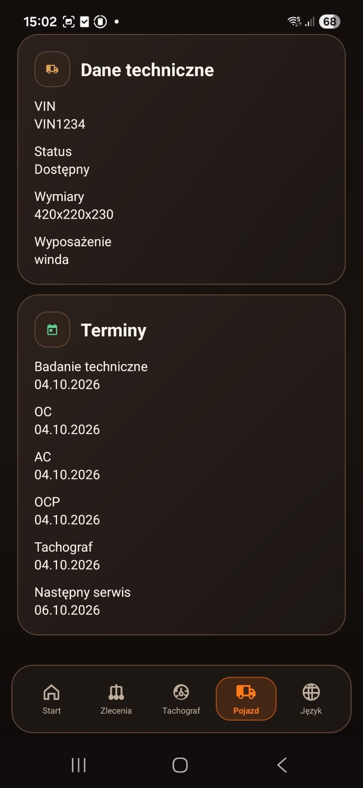 Ekran danych technicznych i terminów pojazdu w FoxDriver