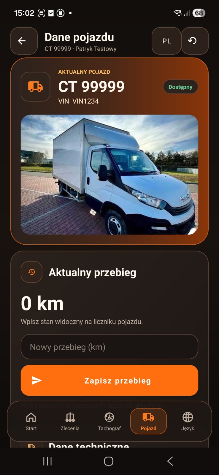 Ekran danych pojazdu i aktualizacji przebiegu w FoxDriver